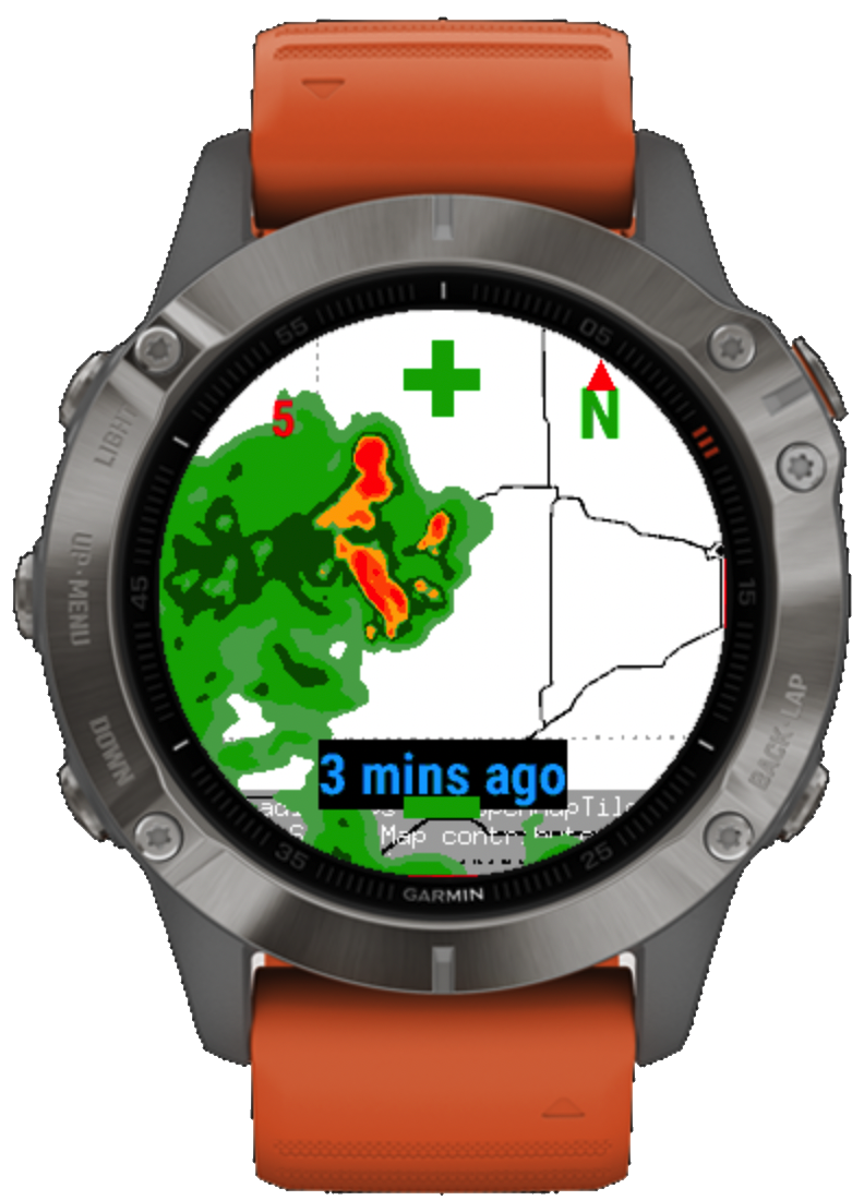 Garmin watch showing the weather radar map